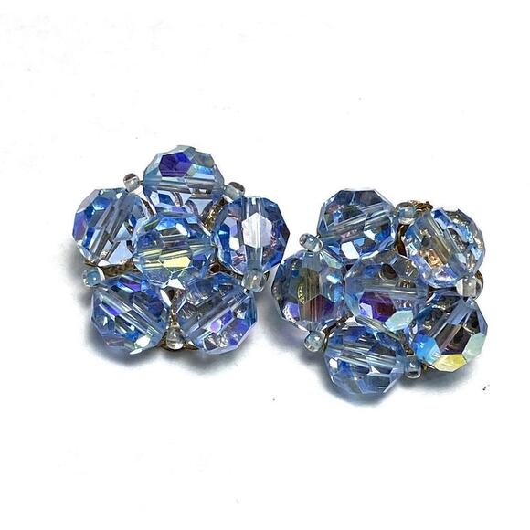 Vintage Clip Ons Clips Earrings Beaded Two Pairs Lot AB Crystals - Picture 10 of 16